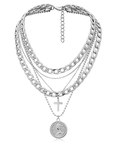 MJartoria Layered Necklaces for Women Trendy Retro Coin Pendant | Dainty Chunky Chain, Choker Necklaces, Jewelry Birthday Gifts - color: Silvery, style: A-Y-Retro Coin-Cross-5 in 1 Layered