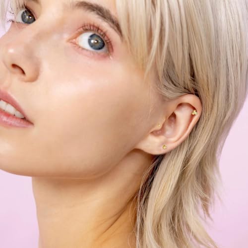 20G/18G/16G Titanium Flat Back Earrings, Threadless Nose Stud Tiny Stud Earrings, Cartilage Tragus Piercing Jewelry Conch Helix Stud - color: Dot (gold 3pcs), size: 16ga(1.2mm)
