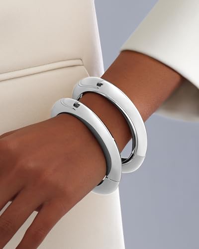 2pcs Gold Bangle Bracelets for Women, Trendy Hinged Cuff Open Wide Chunky Gold Bracelet Stack Arm Cuff Jewelry for Women - color: B-Silver Bangle