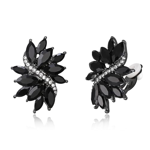 EVER FAITH Sparkly Rhinestone Clip-on Earrings for Women Bride, Fashion Marquise Crystal Cluster Wedding Bridal Stud Earring for Prom Formal Party - color: Black Black-Tone