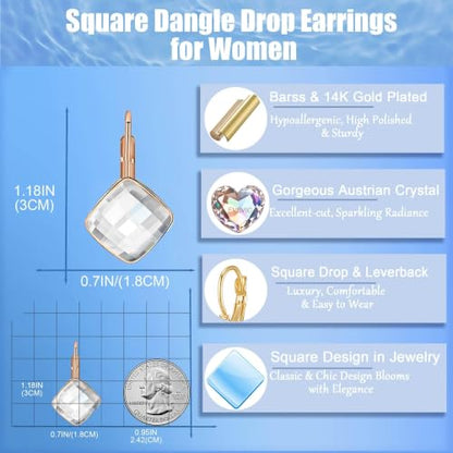 Austrian Crystal Square Leverback Drop Earrings for Women | Classic Square-Cut Crystal,14K Gold-Plated,Leverback for Easy Secure Wear,Gift Box Included,For Day and Evening Events - color: Clear White