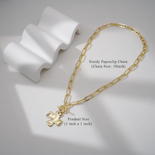Bheop Chunky Cross Necklace for Women, 14K Gold Silver Statement Necklace | Sturdy Paperclip Chain, Hammered Pendant, Vintage Charm, Trendy Costume Jewelry, Faith Christian Religious Gift, Non Tarnish - style: GD-Toggle Necklace（1 inch Pendant)