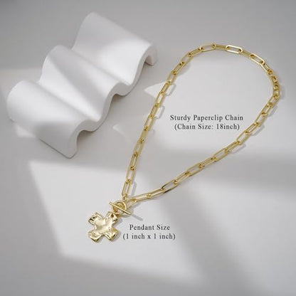 Bheop Chunky Cross Necklace for Women, 14K Gold Silver Statement Necklace | Sturdy Paperclip Chain, Hammered Pendant, Vintage Charm, Trendy Costume Jewelry, Faith Christian Religious Gift, Non Tarnish - style: GD-Toggle Necklace（1 inch Pendant)