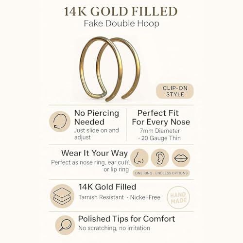 Fake Double Hoop Helix Piercing Ear Cuff - 14K Gold Filled, 925 Sterling Silver, Black Silver Ear Cuffs - Faux Helix Hoop Earring - Clip On Fake Piercing Jewelry - Ear Cuffs Non Piercing - color: 14k Gold
