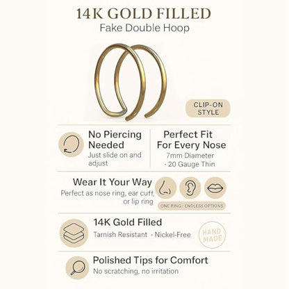 Fake Double Hoop Helix Piercing Ear Cuff - 14K Gold Filled, 925 Sterling Silver, Black Silver Ear Cuffs - Faux Helix Hoop Earring - Clip On Fake Piercing Jewelry - Ear Cuffs Non Piercing - color: 14k Gold