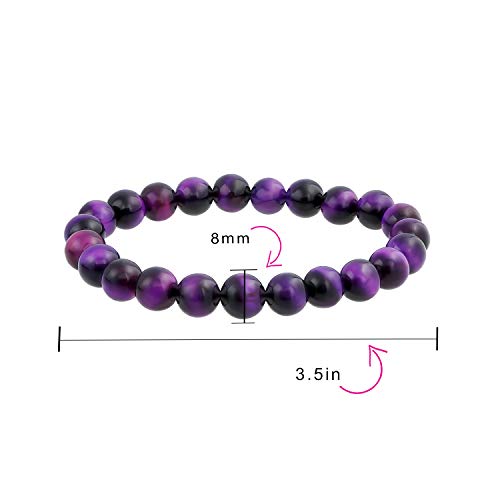 Bling Jewelry Unisex Stackable Set Of 3 Gemstone Round Bead 8MM Stretch Bracelet For Women Teen Men Multi Strand Stacking Adjustable - color: Purple Tigers Eye