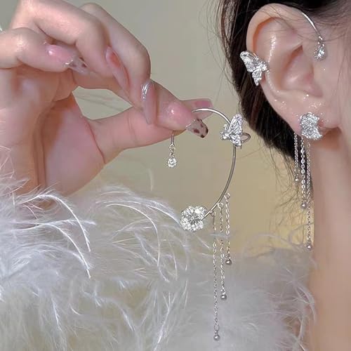 Butterfly Ear Cuff Earrings Sparkly Silver Butterfly Flower Tassle Ear Wrap Earrings Fairy Right Left No Piercing Ear Clip On - color: A-Flower,Silver