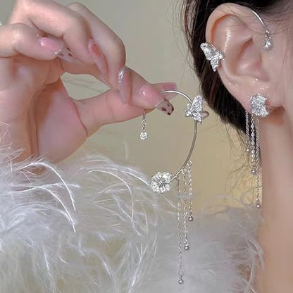 Butterfly Ear Cuff Earrings Sparkly Silver Butterfly Flower Tassle Ear Wrap Earrings Fairy Right Left No Piercing Ear Clip On - color: A-Flower,Silver