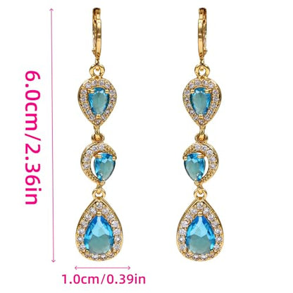 18K Gold Plated Flower Dangle Earrings for Women, Hypoallergenic Cubic Zirconia Earrings, Elegant CZ Drop Earrings, Statement Jewelry Gifts Party Fashion - style: OBS0354-Blue