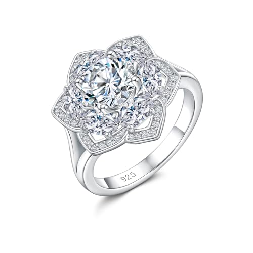 Flower Engagement Promise Ring Sterling Silver Birthstone Rings for Women Sapphire/Emerald/Ruby Gemstone Six Leaf Clover Statement Cocktail Ring Size 6 to 10 - style: 04. April-Created Diamond