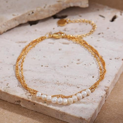 SLOONG 14K Gold Plated Pearl Bracelets for Women Trendy | Dainty Stackable Layered Chain Bridesmaid Bracelets, Waterproof Wedding Jewelry for Women Adjustable 6"+2" - color: Style2(Pearl)