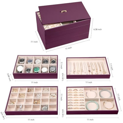 Voova Stackable Jewelry Organizer Tray with Lid (Set of 4, Purple) | Stackable PU leather jewelry trays with drawer inserts for earrings, rings, necklaces, bracelets and watches; set of 4 - color: Purple