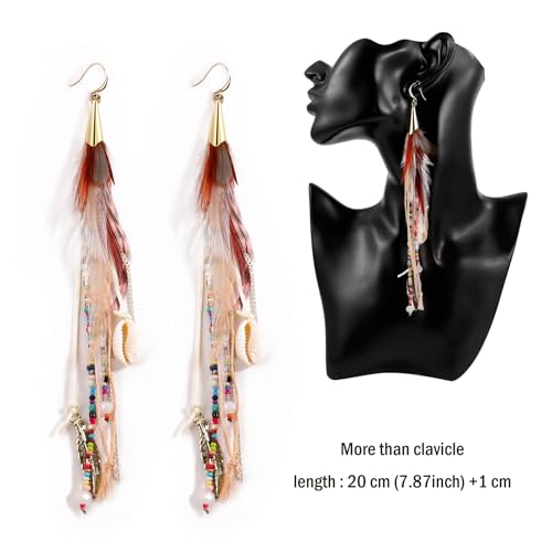 Bohemian Feather Dangle Earrings for Women with Shell Beads Long Tassel Design Drop Earrings - style: Style-Boho