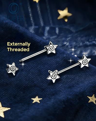 OUFER 14G Star Spiral Nipple Piercing Jewelry 316L Surgical Stainless Steel Straight Barbell 14mm Bar Length Nipple Rings for Women Men