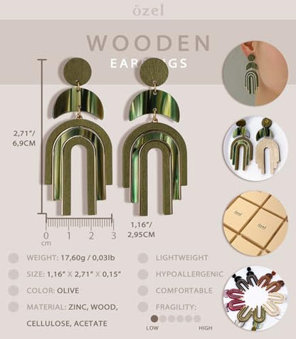 Ozel - Natural Wooden Acrylic Boho Drop Dangle Earrings for Women - Geometric Statement Jewellery - Brown, Black, Magent Red, Olive Green, White beige - color: Arch_Olive