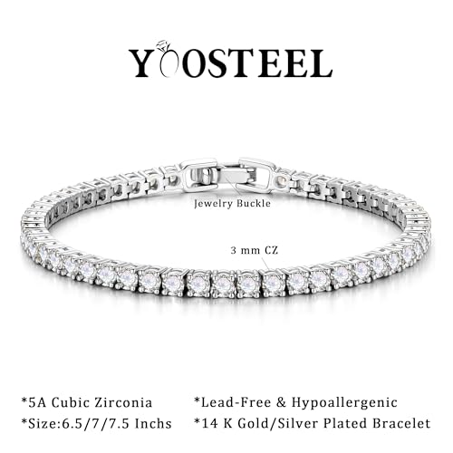 Yoosteel 14K-Gold-Plated/White-Gold-Plated Tennis Bracelet for Women,3mm CZ | Dainty Cubic Zirconia Bracelets,Classic Tennis Bracelet,Trendy Simple CZ Jewelry Gifts,6.5/7/7.5 Inch Bracelets - color: Four Claws-14K-White Gold-Plated, size: 7.5