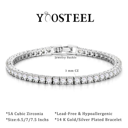 Yoosteel 14K-Gold-Plated/White-Gold-Plated Tennis Bracelet for Women,3mm CZ | Dainty Cubic Zirconia Bracelets,Classic Tennis Bracelet,Trendy Simple CZ Jewelry Gifts,6.5/7/7.5 Inch Bracelets - color: Four Claws-14K-White Gold-Plated, size: 7