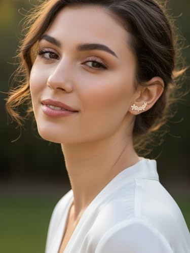 Moissanite 20mm Butterlfy/Flower/Leaf/Bezel Crawler Stud Earrings for Women, 925 Sterling Silver with Gold Plated, Hypoallergenic Cartilage Earrings, Valentines Birthday Anniversary Wedding Gift - color: Flower - Yellow Gold