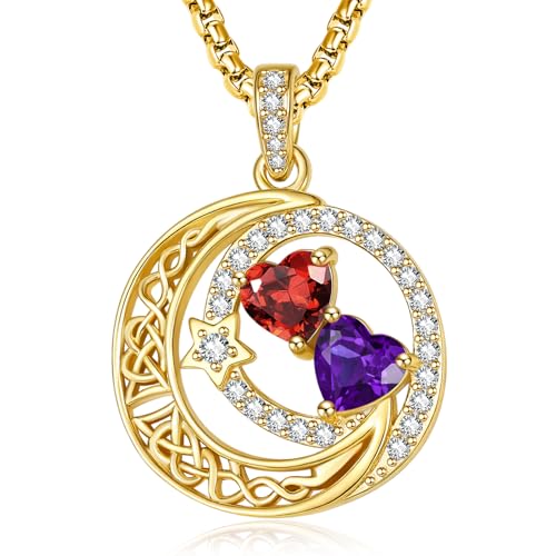 14K Gold Moon and Star Double Birthstone Necklace Gifts for Women | 2 Heart Birthstone Necklace,Mothers Day Wedding Anniversary Birthday Gifts for Wife Mom Daughter Grandma Sister - color: 01-02-Jan-Feb Birthstone