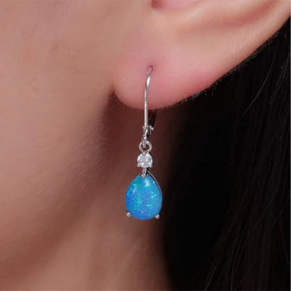 Dainty Opal Earrings for Women Sterling Silver Pear Oval Blue Opal Dangle Earrings Leverback Earrings Gold - color: leverback-blue