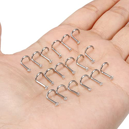 18G 20G 22G Nose Rings Studs with Cubic Zirconia 316L Surgical Steel Straight Screw L Shaped Nose Studs Piercing Jewelry for Women Men Girl CZ 1.5mm 2mm 2.5mm 3mm 20Pcs - color: B:18G Screw- Silver 1.5mm