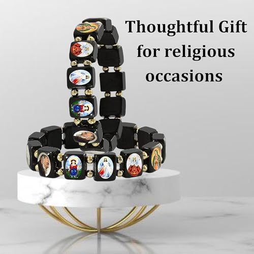 Catholica Shop Devotional Catholic Religious Wood Stretch Bracelets. Small and Large Panels with Assorted Images of Saints, Jesus and Mary. Unisex. Handcrafted in Brazil - style: Small BK Panel Gold Tone