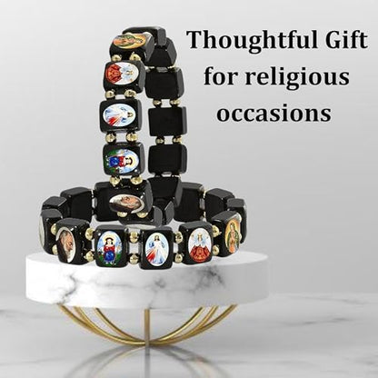 Catholica Shop Devotional Catholic Religious Wood Stretch Bracelets. Small and Large Panels with Assorted Images of Saints, Jesus and Mary. Unisex. Handcrafted in Brazil - style: Small BK Panel Gold Tone