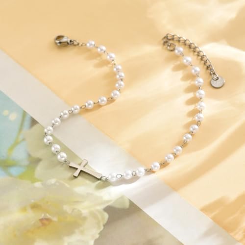Ankle Bracelets for Women, 18K Gold Plated Dainty Waterproof Cross Anklets, Pearl Beaded Link Chain Anklet for Women Non Tarnish, Summer Beach Foot Jewelry, Christmas Gifts - color: Pearl Beaded Cross-White Gold