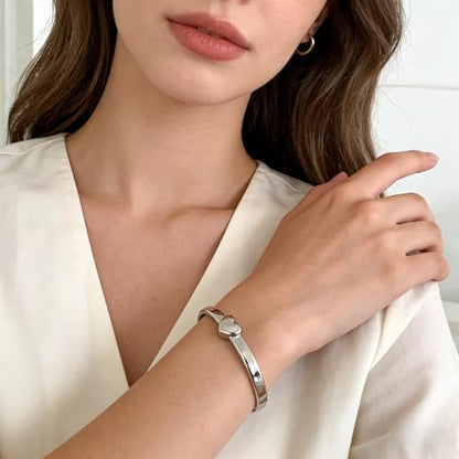 Heart Bangle Bracelet for Mom Silver/Gold Stainless Steel Bracelet for Women Oval Bangle Love Chunky Bracelets - color: 6mm Silver