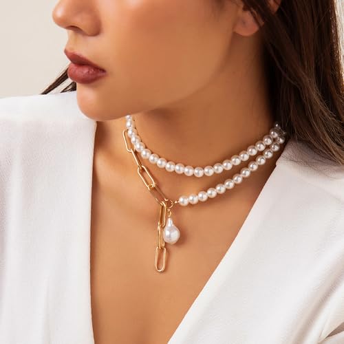 Faux Pearl Choker Necklaces for Women Large Chunky Pearl Necklace Dainty Statement Bride Wedding Jewelry - style: Layered Necklace