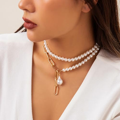 Faux Pearl Choker Necklaces for Women Large Chunky Pearl Necklace Dainty Statement Bride Wedding Jewelry - style: Layered Necklace