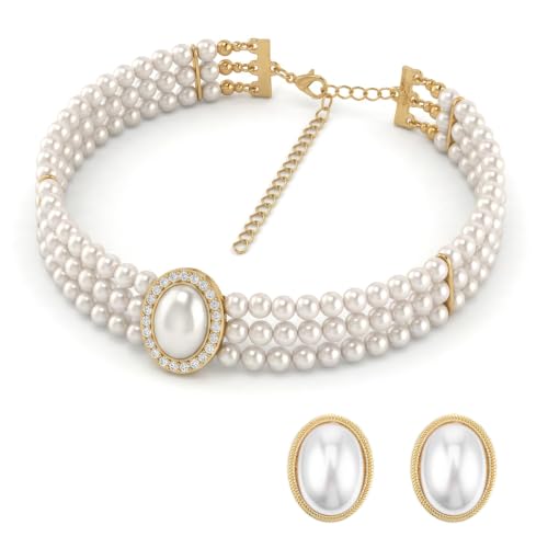 Hecila Pearl Choker Necklace Pearl Earring Set for Women Boho 3 Tier Vintage Chokers