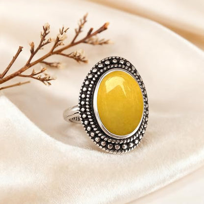 Retro Sterling Silver Stone Ring,Antique Natural Real Oval Crystal Quartz Gemstone Boho Bohemian Ring Jewelry for Women - color: A10_Yellow Citrine Quartz