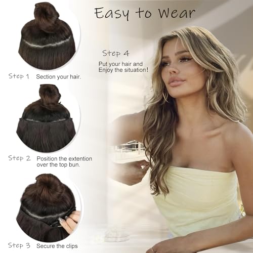 Medium Brown Halo Hair Extensions with Ash Blonde Highlights | 20 Inch Wavy Synthetic Fiber with Invisible Wire and 4 Secure Clips for Easy Daily Styling and Party Wear - color: Ash Medium Brown Highlights