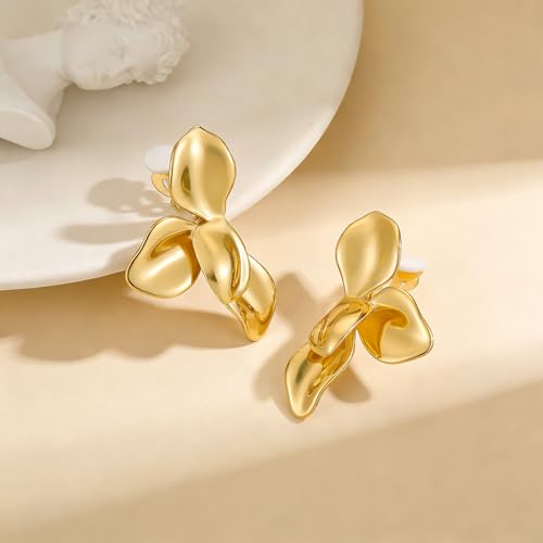 Chunky Flower Clip on Earrings for Women 14K Gold Plated No Piercing Floral Stud Earring Lightweight Jewelry Gifts - color: Flower-B-gold