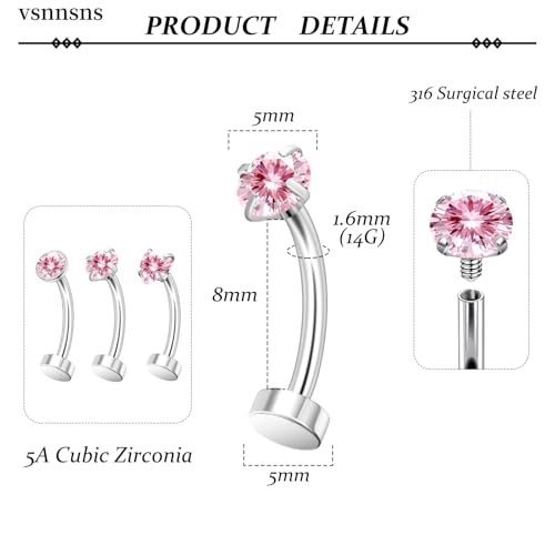 Vsnnsns 14G Floating Belly Button Ring Piercing Jewelry 316L Stainless Surgical Steel Round Heart Cubic Zirconia Navel Rings Belly Button Ring Piercing Jewelry for Women 14 Gauge Hypoallergenic - color: Silver-8MM Bar-Pink CZ