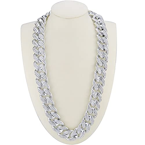 Plastic Shiny CZ Rhinestone Curb Cuban Link Chain Gold Silver Miami Hip Hop Chain Bling Diamond-Cut Chunky Turnover Necklace 80s 90s Costume Accessory for Men Women Unisex - color: Silver