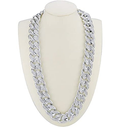 Plastic Shiny CZ Rhinestone Curb Cuban Link Chain Gold Silver Miami Hip Hop Chain Bling Diamond-Cut Chunky Turnover Necklace 80s 90s Costume Accessory for Men Women Unisex - color: Silver
