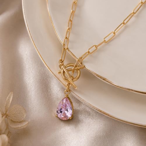 Teardrop CZ Pendant Paperclip Chain Necklace 18K Plated Paperclip Toggle Necklace Jewelry Birthstone Gift for Women - color: Pink Crystal-October