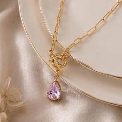 Teardrop CZ Pendant Paperclip Chain Necklace 18K Plated Paperclip Toggle Necklace Jewelry Birthstone Gift for Women - color: Pink Crystal-October