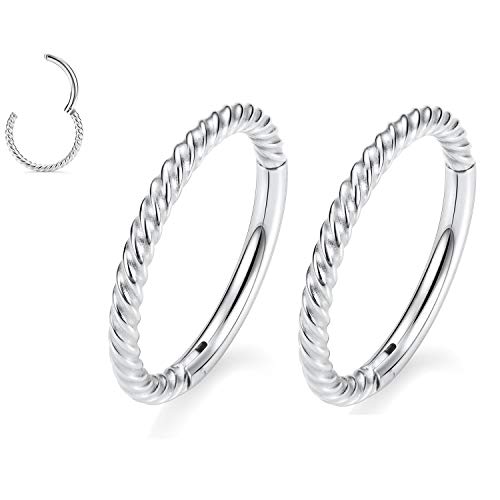 GAGABODY 2 Pcs Nose Rings 22G 20G 18G 16G 14G 12G 10G 8G Surgical Steel Piercing Rings for Nose Septum Cartilage Helix Tragus Conch Rook Daith Lobe from 5mm to 16mm Seamless Hoop Unisex Hinged Earrings - color: Silver-Twisted
