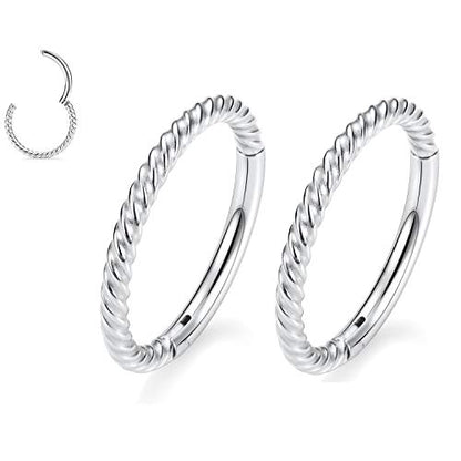 GAGABODY 2 Pcs Nose Rings 22G 20G 18G 16G 14G 12G 10G 8G Surgical Steel Piercing Rings for Nose Septum Cartilage Helix Tragus Conch Rook Daith Lobe from 5mm to 16mm Seamless Hoop Unisex Hinged Earrings - color: Silver-Twisted
