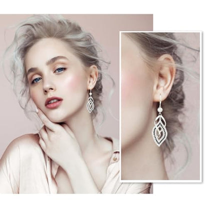 Bohemian Long Drop Dangle Earrings for Women, Chic Boho CZ Wedding Jewelry | Hypoallergenic 14K Gold 925 Sterling Silver Handmade Linear SwirlWire Diamond Earrings,Christmas&Mother's Day,Gifts for Women - color: Silver