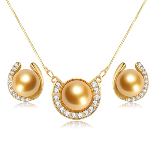 YAMI Pearl Jewelry Set for Women, Natural Cultured Pearl Necklace&Earrings | 11-12mm Pearl, 925 Sterling Silver with 5A Cubic Zirconia, Wedding Jewelry Sets, Valentine's Day/Mother's Day/Christmas Gift - color: Gold