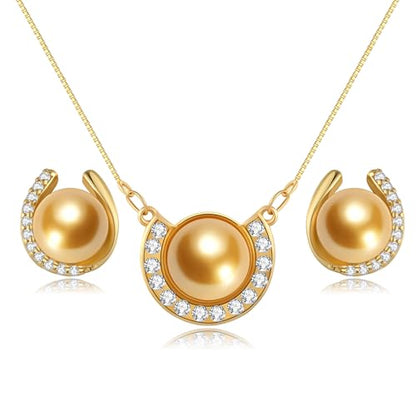 YAMI Pearl Jewelry Set for Women, Natural Cultured Pearl Necklace&Earrings | 11-12mm Pearl, 925 Sterling Silver with 5A Cubic Zirconia, Wedding Jewelry Sets, Valentine's Day/Mother's Day/Christmas Gift - color: Gold