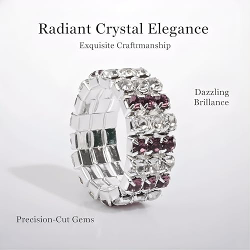 Sparkling Rhinestone Ring Set Trendy Elastic Rhinestone Crystal Stretch Ring Stackable Jewelry for Women Girls - color: 3 Rows Ring-Silver+White+Purple