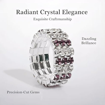 Sparkling Rhinestone Ring Set Trendy Elastic Rhinestone Crystal Stretch Ring Stackable Jewelry for Women Girls - color: 3 Rows Ring-Silver+White+Purple
