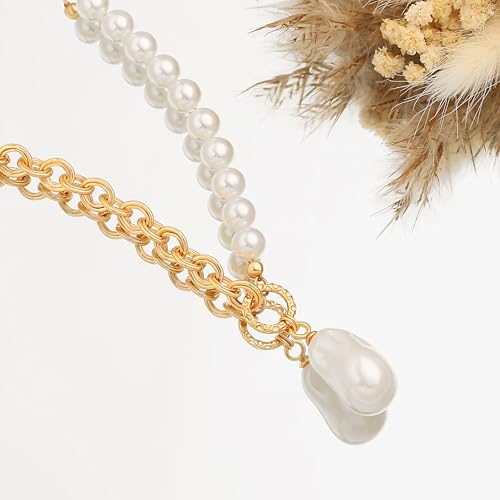 Aobei Pearl 18K Gold Plated Pendant Necklace for Women Dainty Gold Chain Choker Love Heart Disc Coin Pearl Cross Toggle Jewelry - style: Baroque Pearl