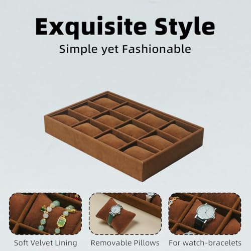 Jewelry Watch Tray, Coffee Velvet Watch Jewelry Organizer 12 Grid, Stackable Watch Bracelet Bangle Display Holder, Adjustable Pillows, for Man Woman Show Birthday - color: Coffee