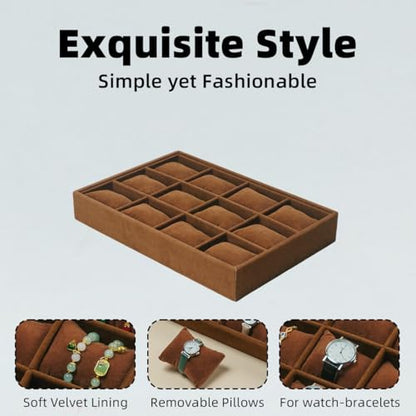 Jewelry Watch Tray, Coffee Velvet Watch Jewelry Organizer 12 Grid, Stackable Watch Bracelet Bangle Display Holder, Adjustable Pillows, for Man Woman Show Birthday - color: Coffee